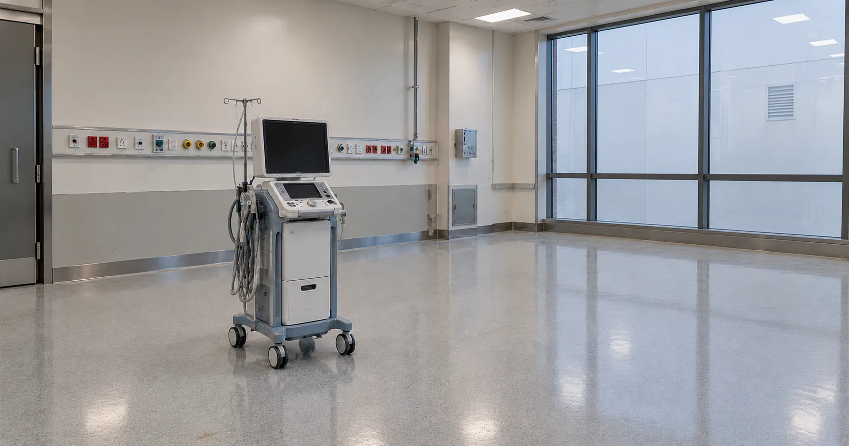 Intra-aortic balloon pump console beside a balloon catheter in a cardiac critical care unit