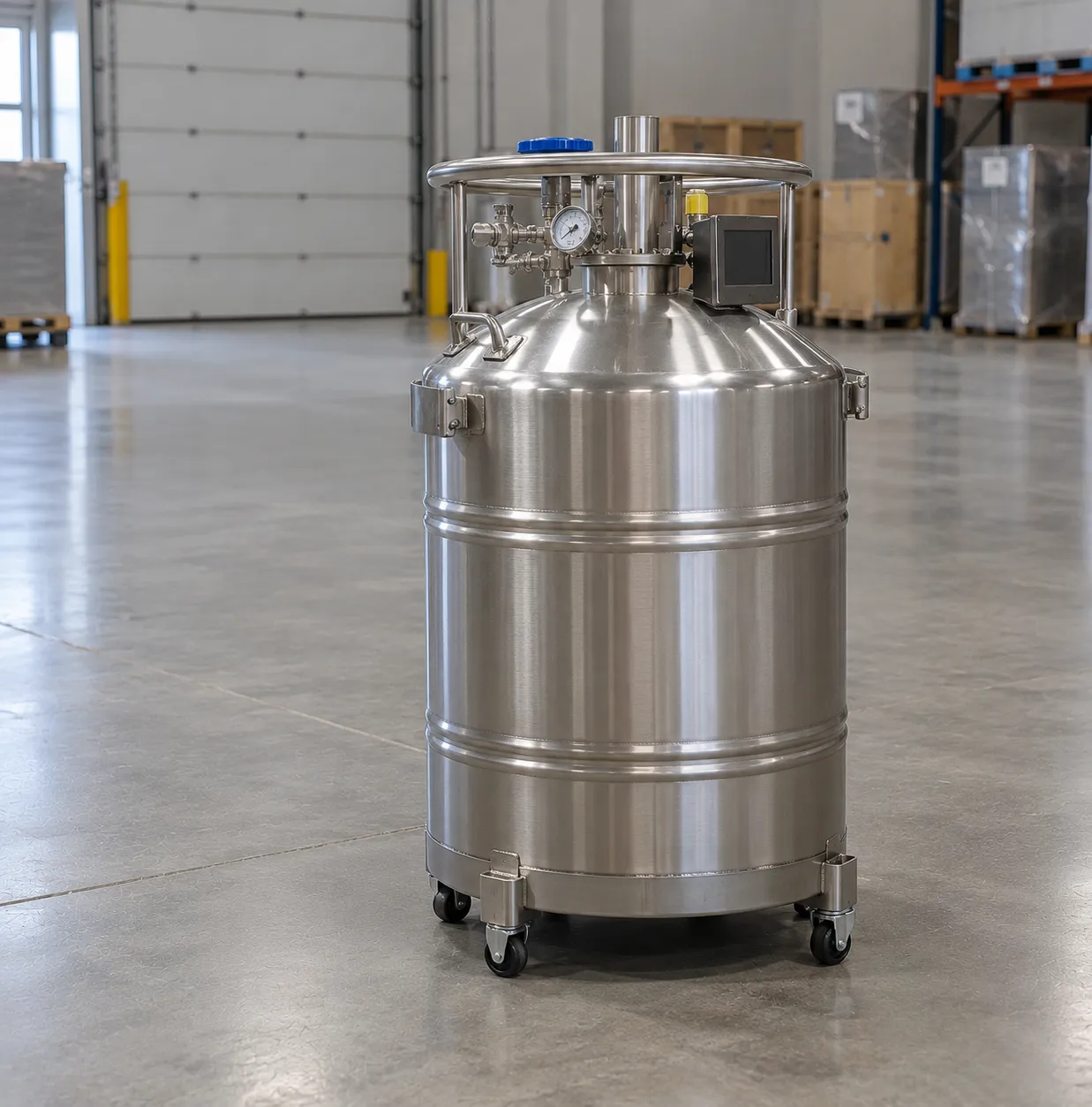 Row of large cryogenic biobank storage tanks in a laboratory with automatic fill lines and oxygen de