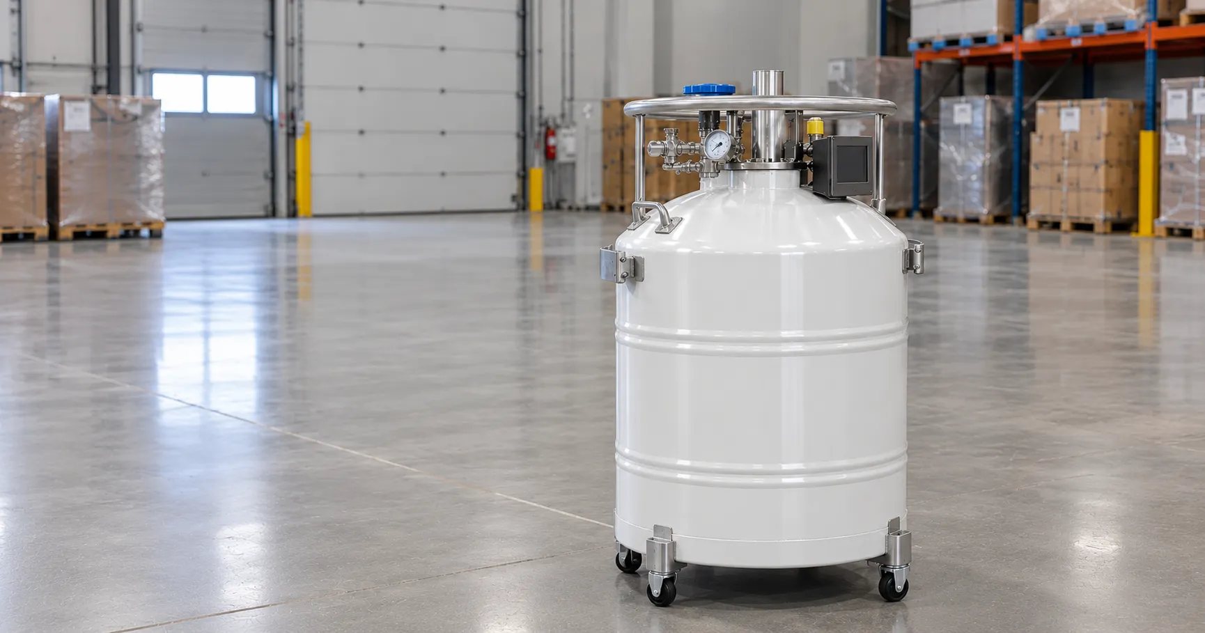 Row of large cryogenic biobank storage tanks in a laboratory with automatic fill lines and oxygen de