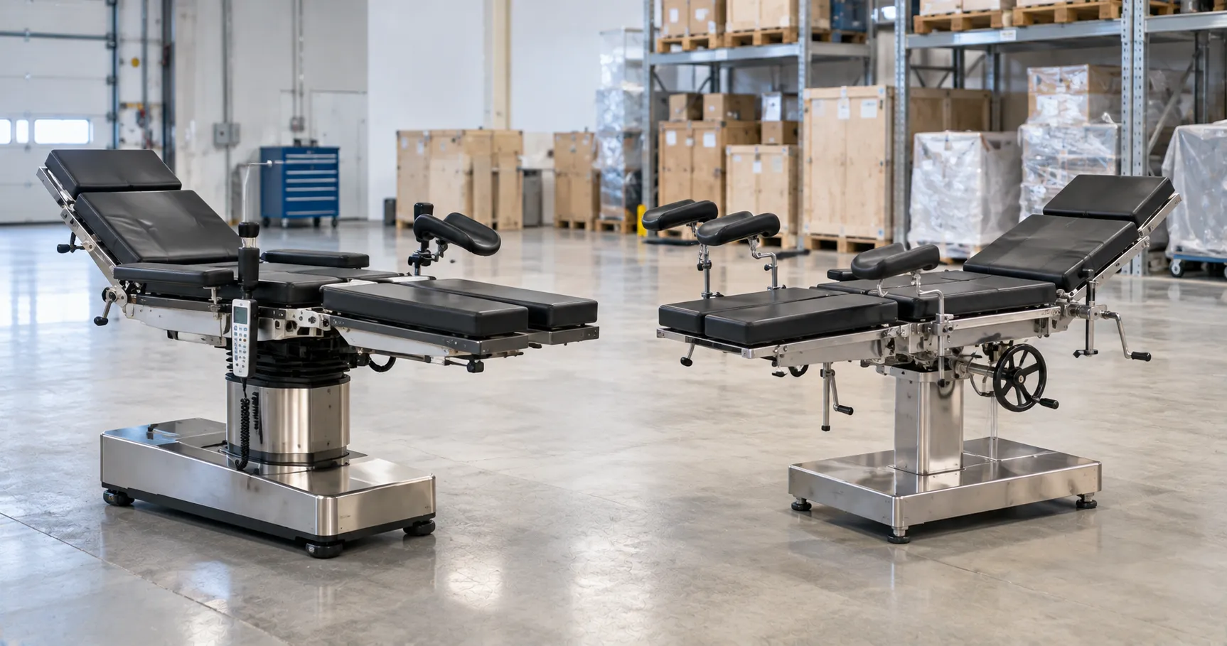 Hospital procurement professionals comparing electric and manual surgical tables for operating room