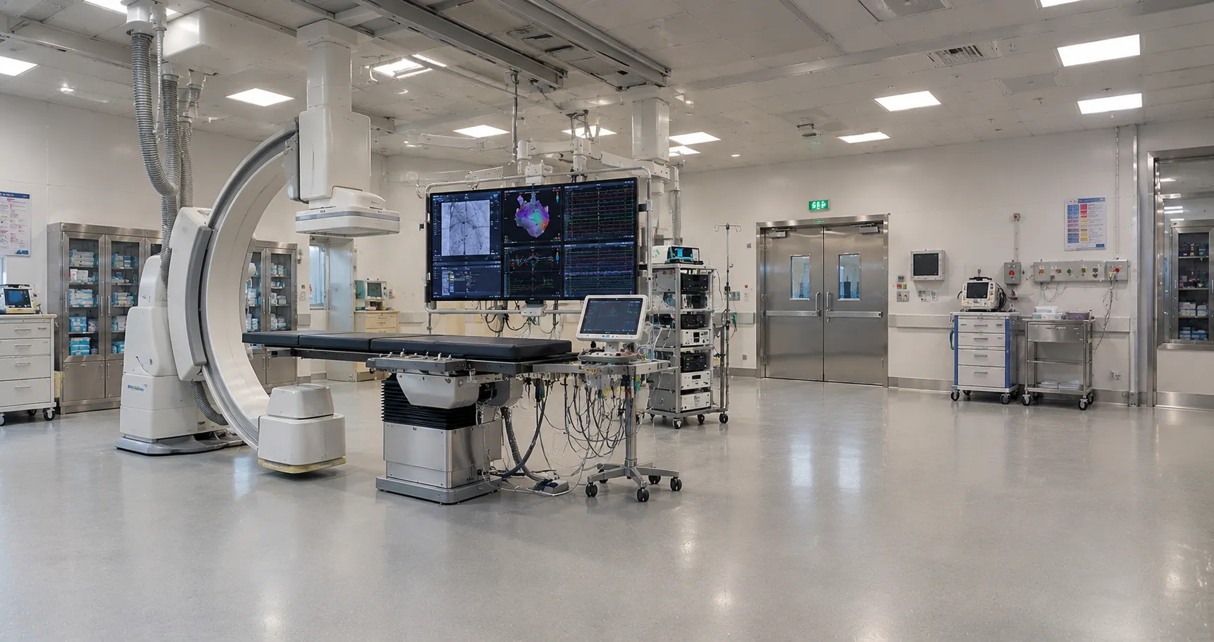 Electrophysiology lab showing a 3D cardiac mapping display and ablation generator during an arrhythm