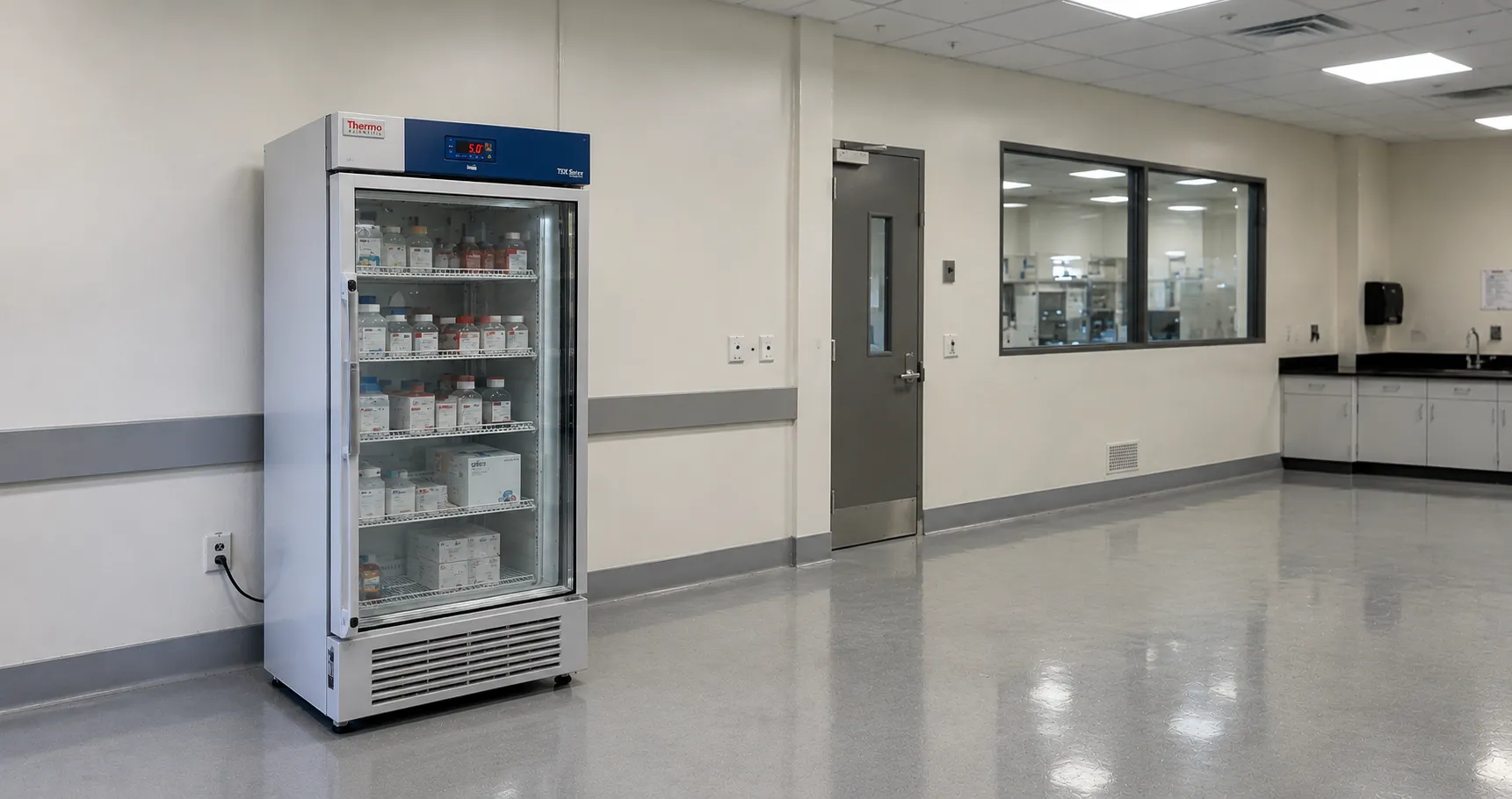 Pharmacy-grade laboratory refrigerator with glass door, digital temperature display and shelves of r
