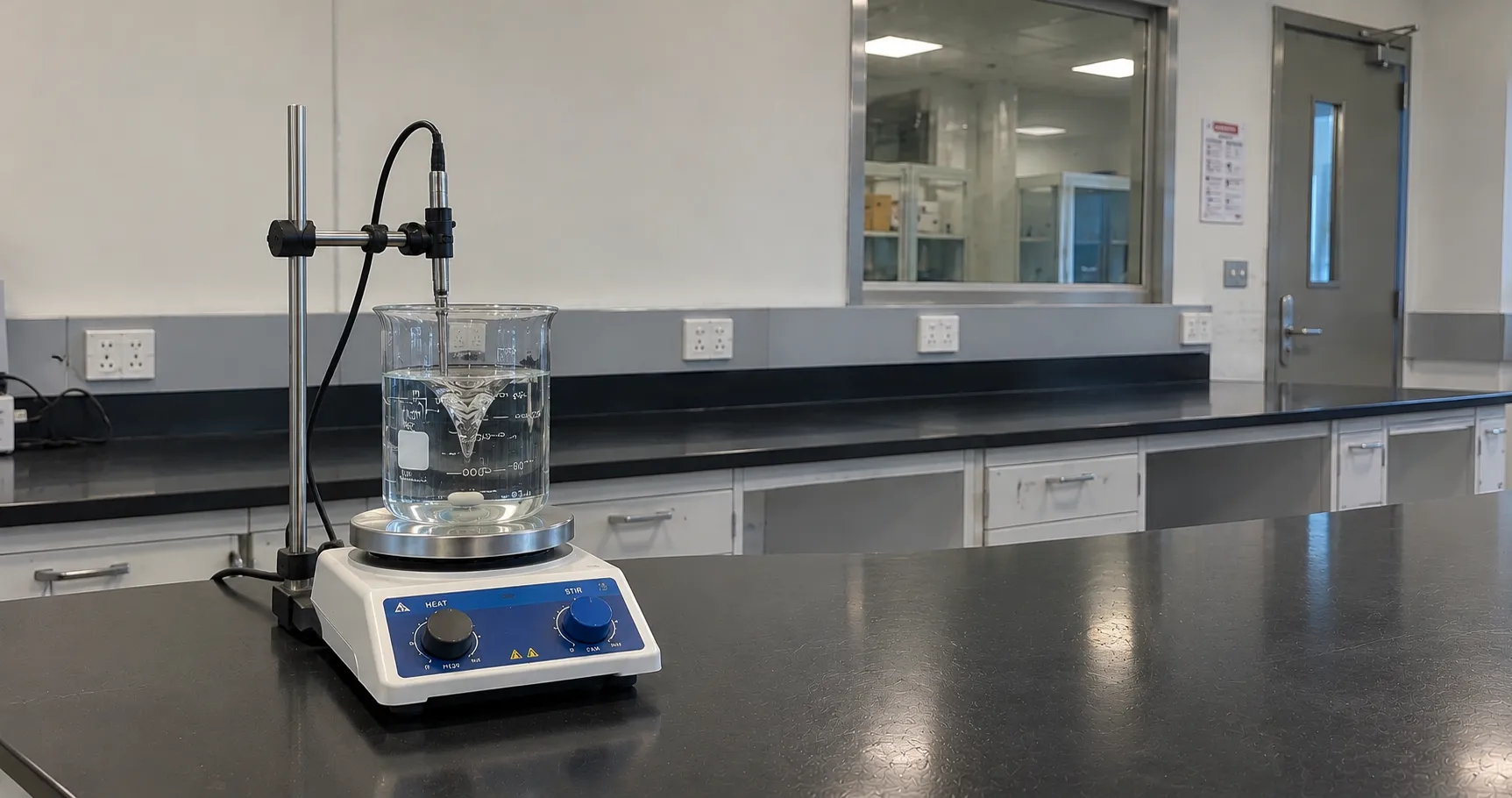 Laboratory hotplate magnetic stirrer creating a vortex in a beaker of blue solution with a PTFE stir