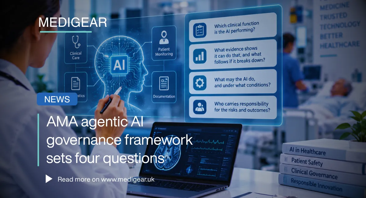 Illustration for the 2026 AMA agentic AI governance framework, which sets four questions for clinica