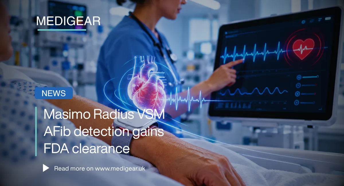 Illustration of Masimo Radius VSM AFib detection in 2026, a wearable vital signs monitor with FDA cl