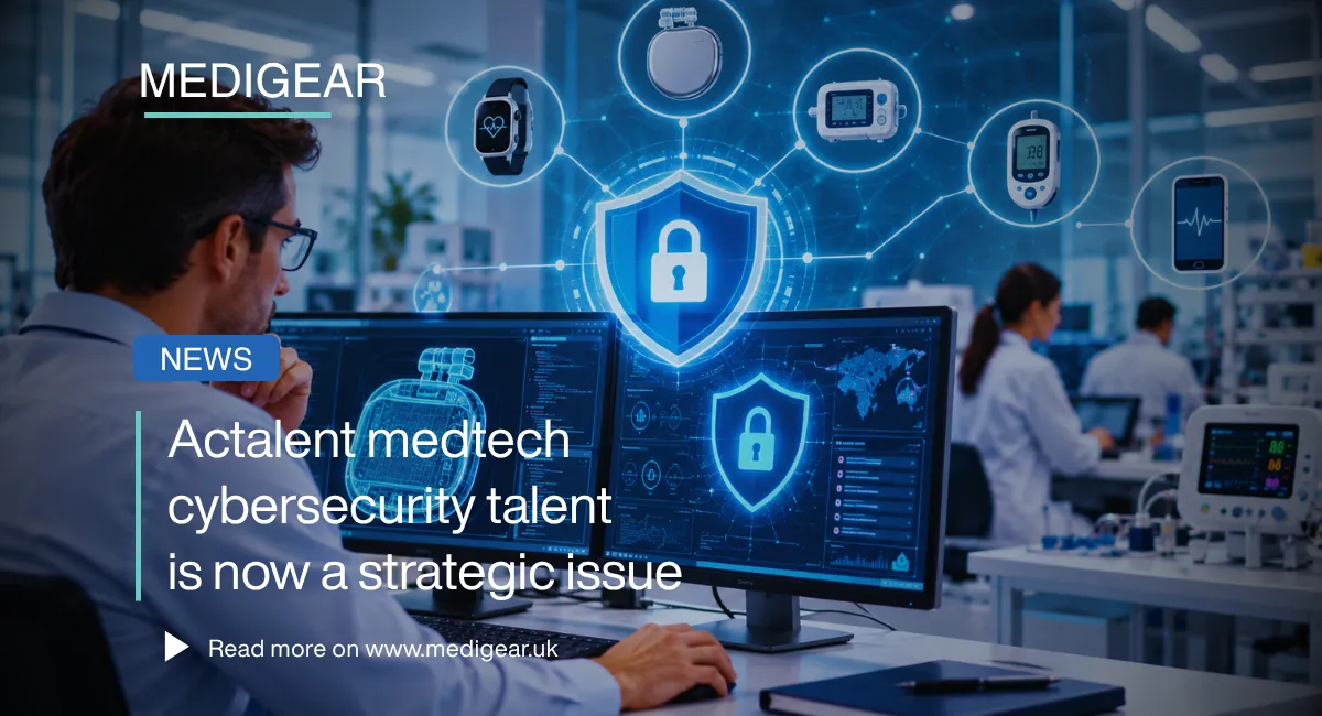 Illustration of Actalent medtech cybersecurity talent demand in 2026, showing connected medical devi