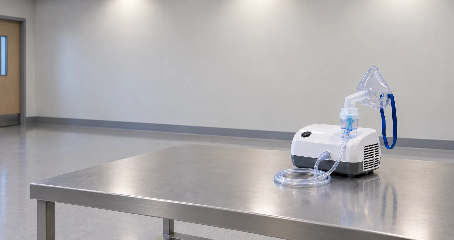 Medical nebuliser machine with mask, tubing, and medication cup in a clean clinical room