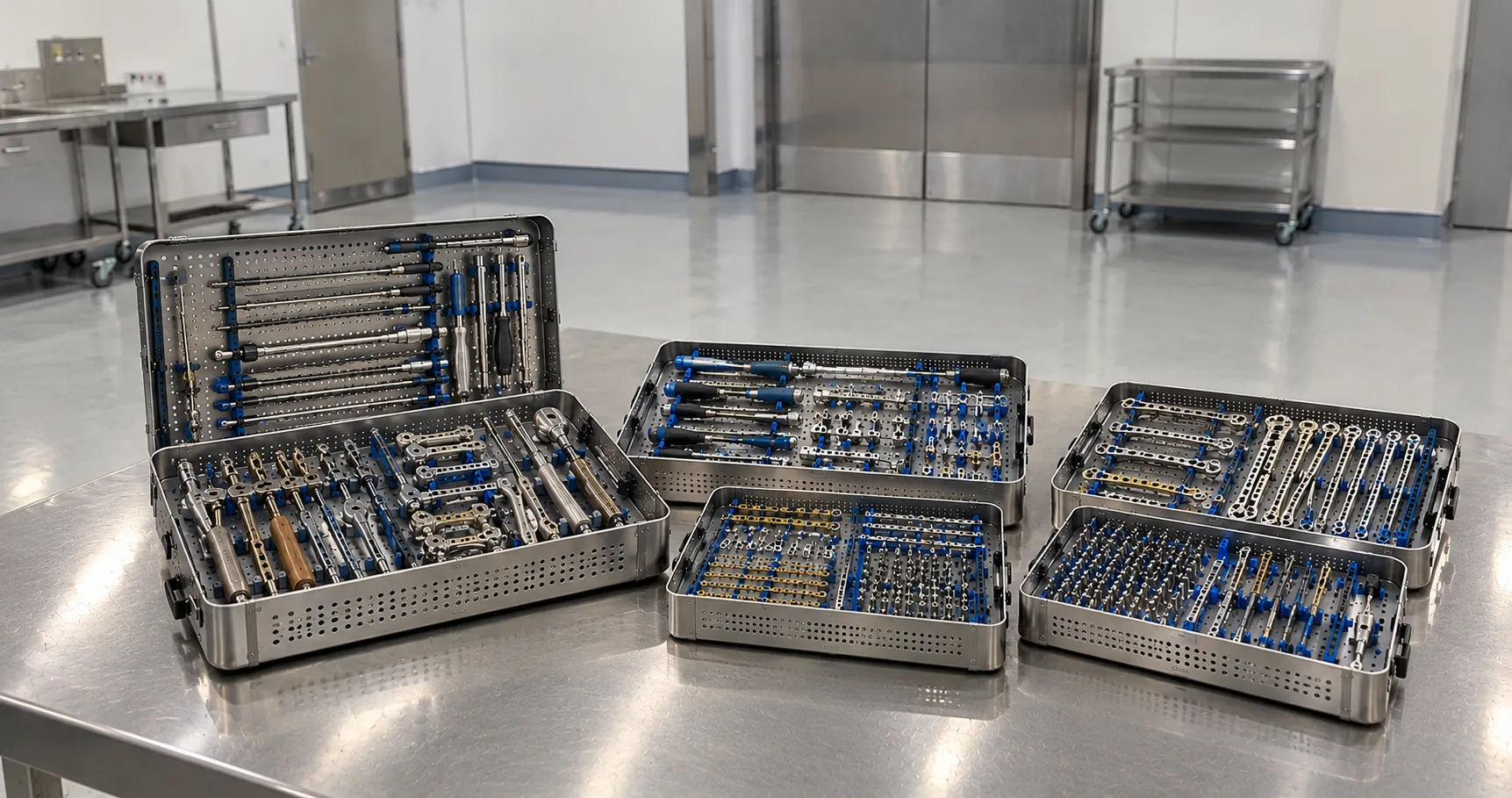 Orthopaedic implant set tray with plates screws and matched instruments laid out for a theatre team 