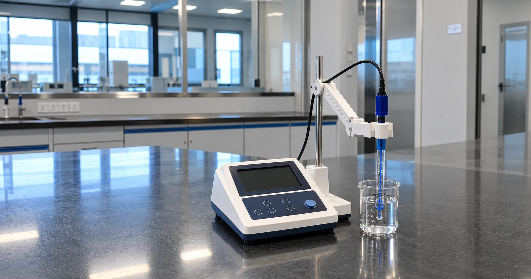 Benchtop laboratory pH meter with combination glass electrode being calibrated in a beaker of buffer