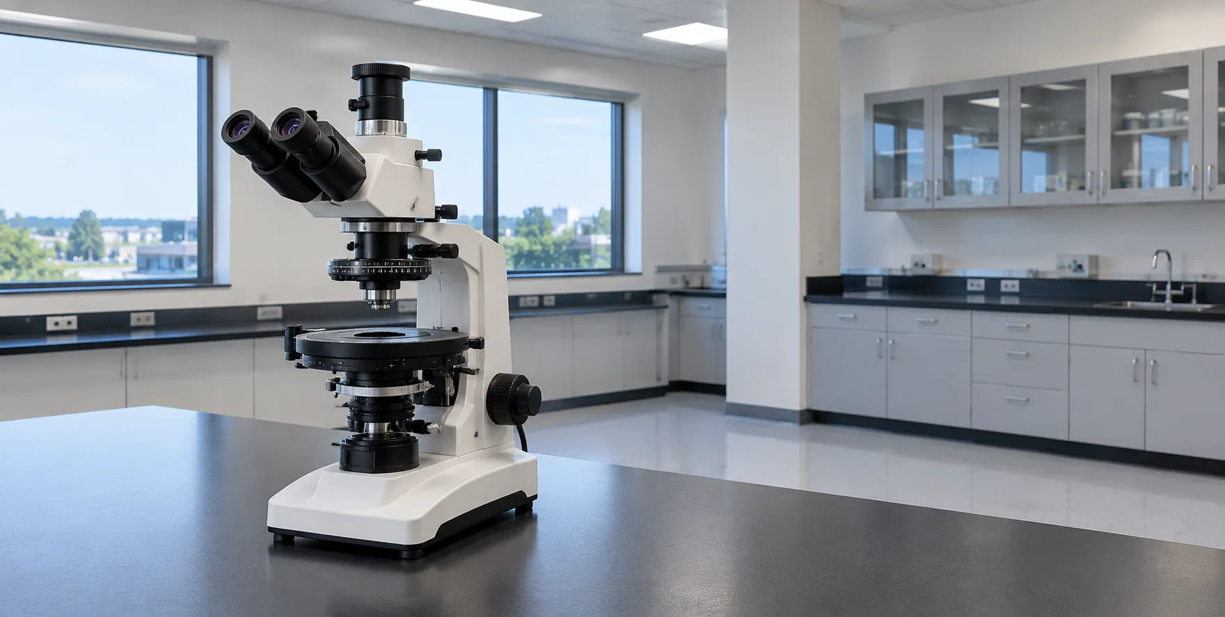 Polarising microscope with rotating stage viewing birefringent crystals lit bright against a dark ba
