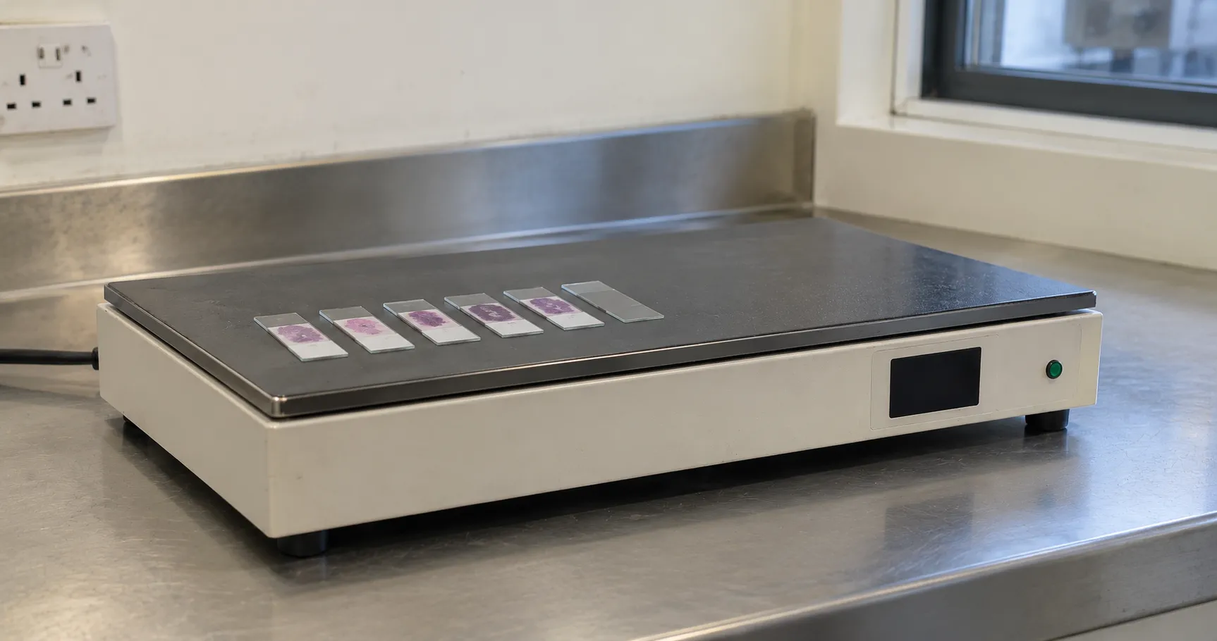 Histology slide warmer heated aluminium plate holding rows of microscope slides drying tissue sectio