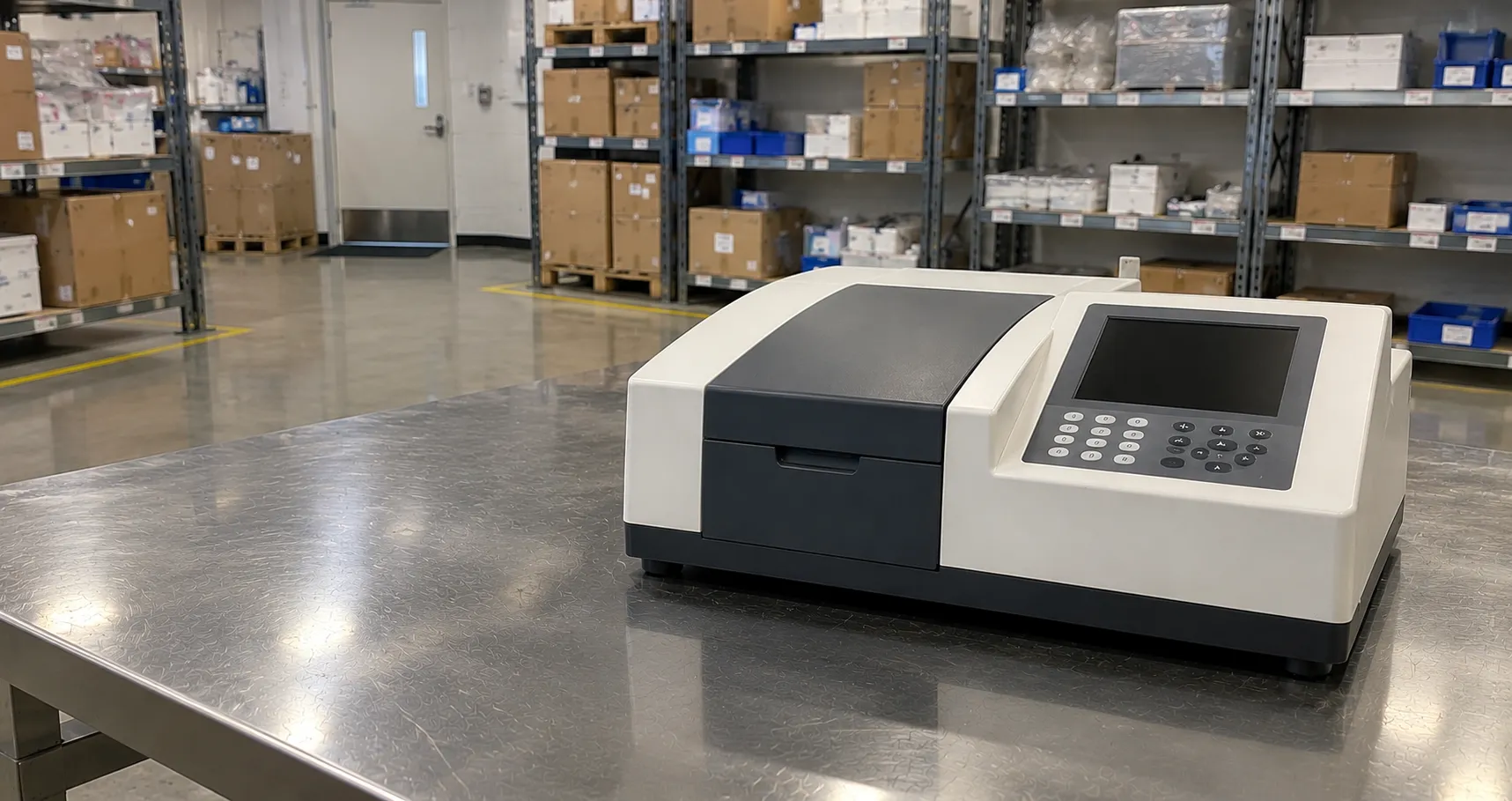Laboratory UV-Vis spectrophotometer with the sample compartment open showing a quartz cuvette in the