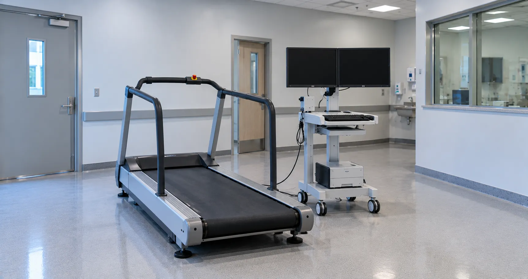 Clinical stress test treadmill with handrails linked to a 12-lead exercise ECG monitor in a cardiolo