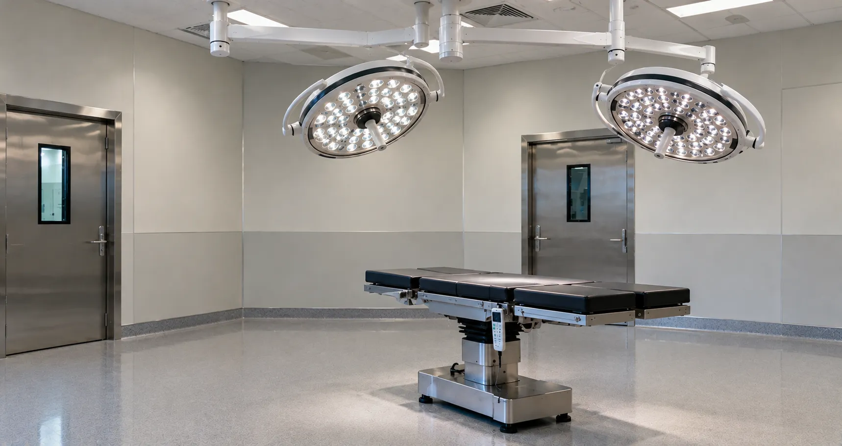Surgical lighting system being installed in a hospital operating room during infrastructure preparat