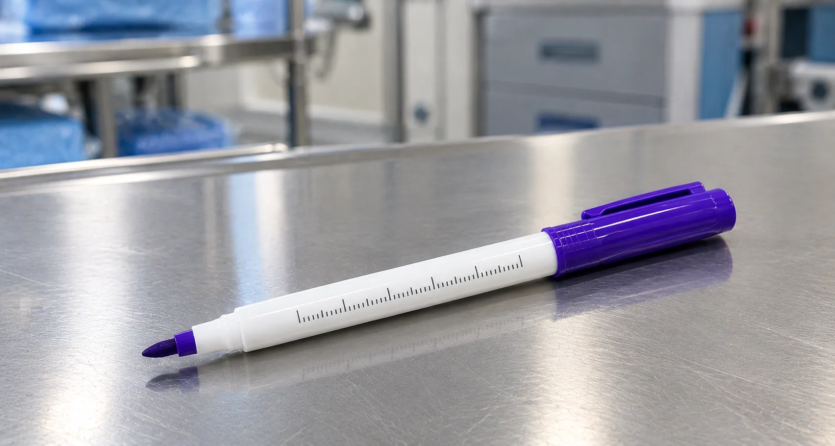Sterile surgical skin marker drawing an incision line on skin during theatre site planning with a me