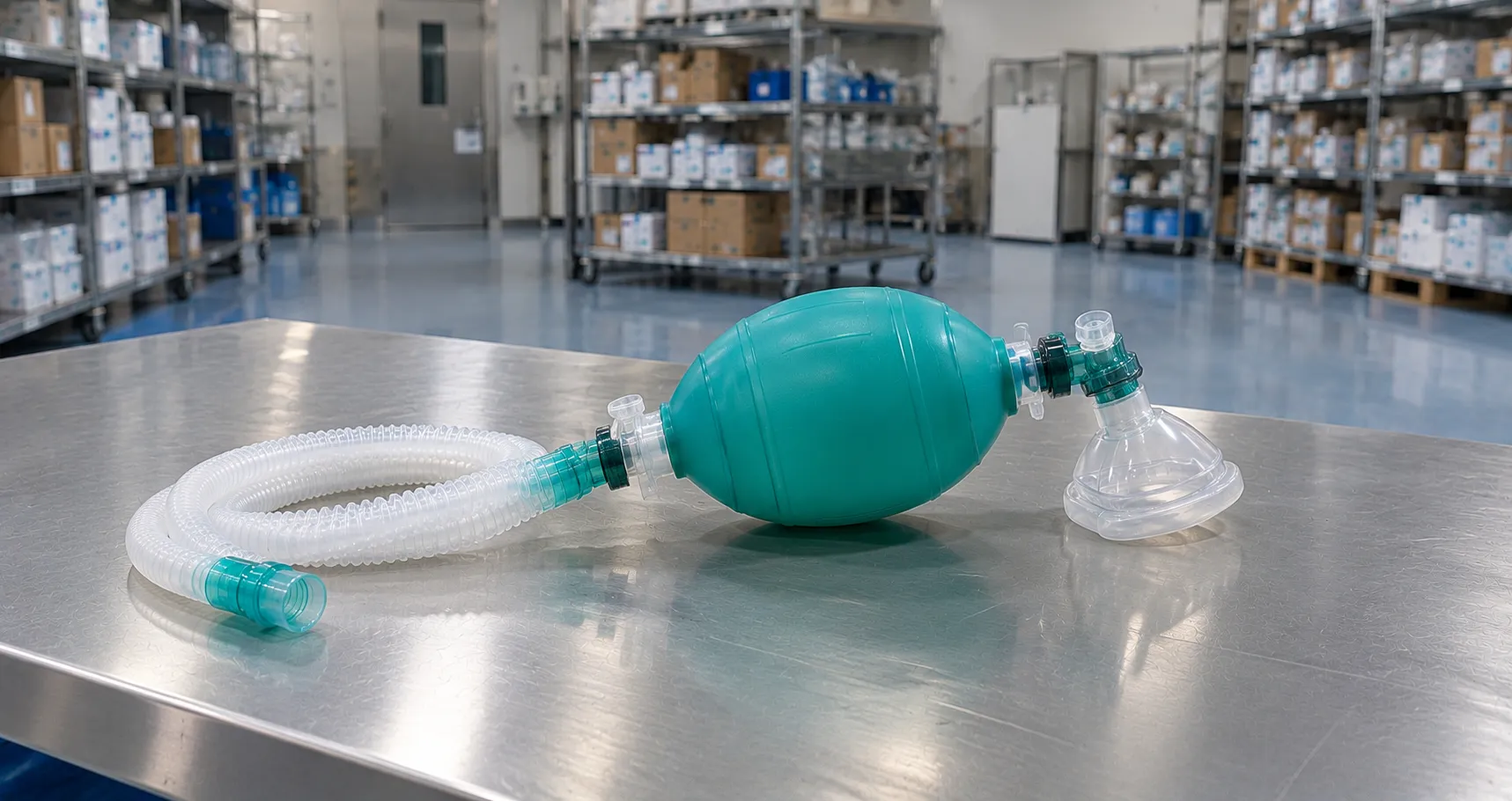 Anaesthetic trolley stocked with anaesthesia accessories including laryngoscopes, breathing circuits