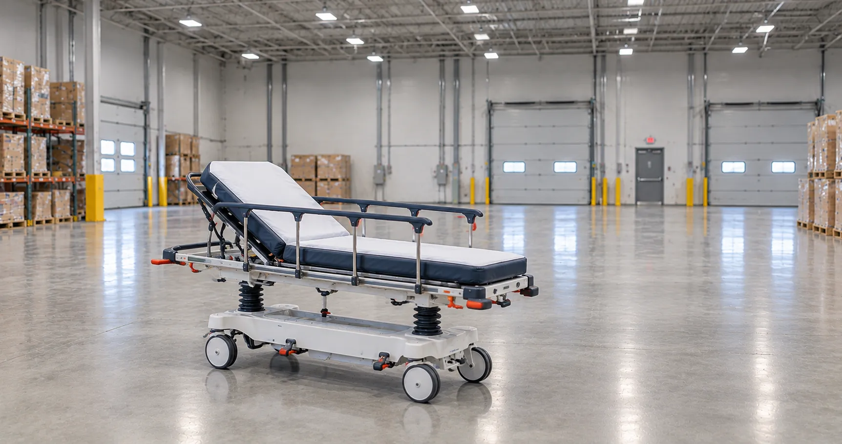Emergency room resuscitation bay with a defibrillator, patient monitor and resuscitation trolley rea