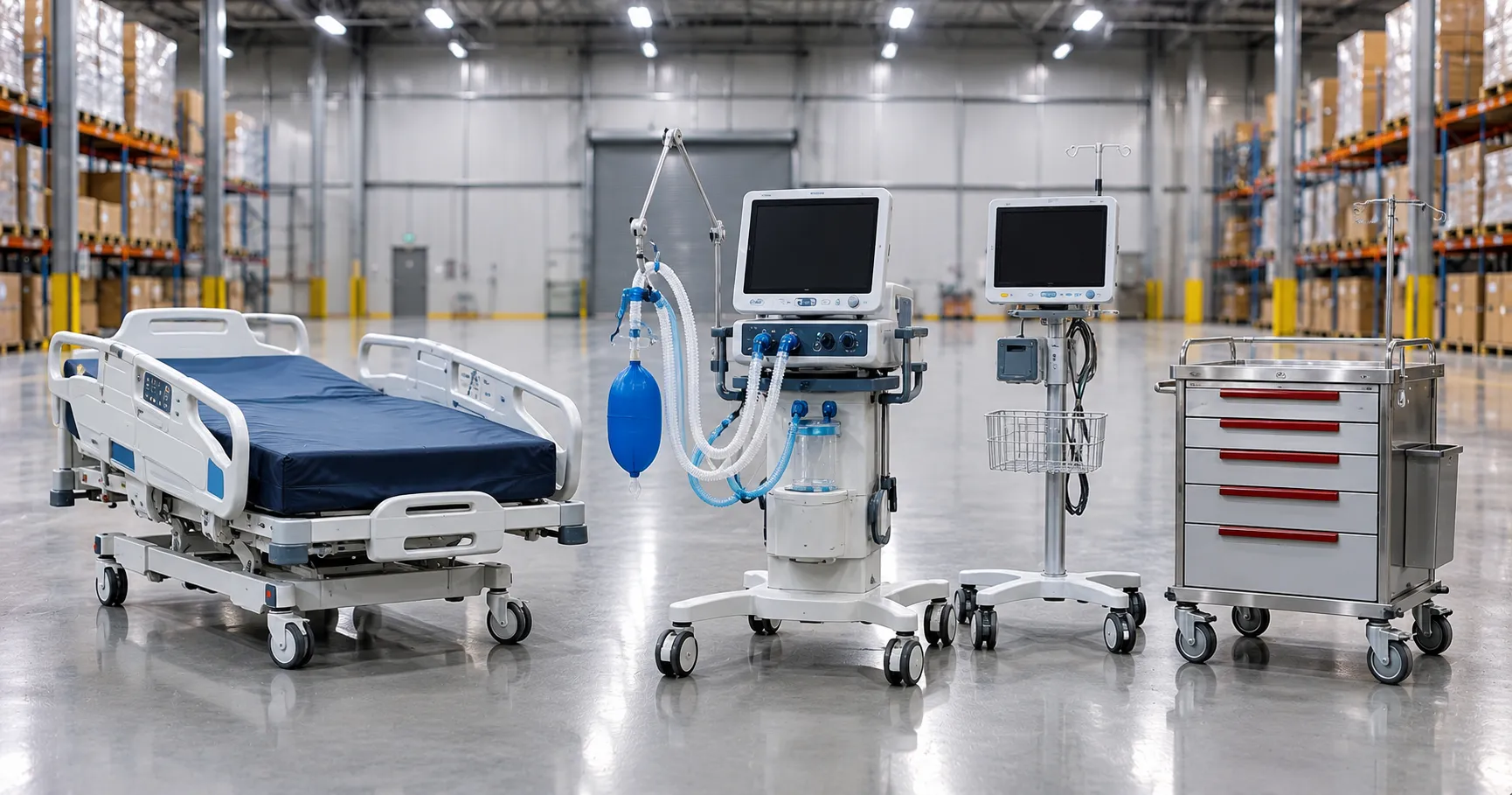 Range of hospital medical devices including patient monitors, infusion pumps and a hospital bed in a