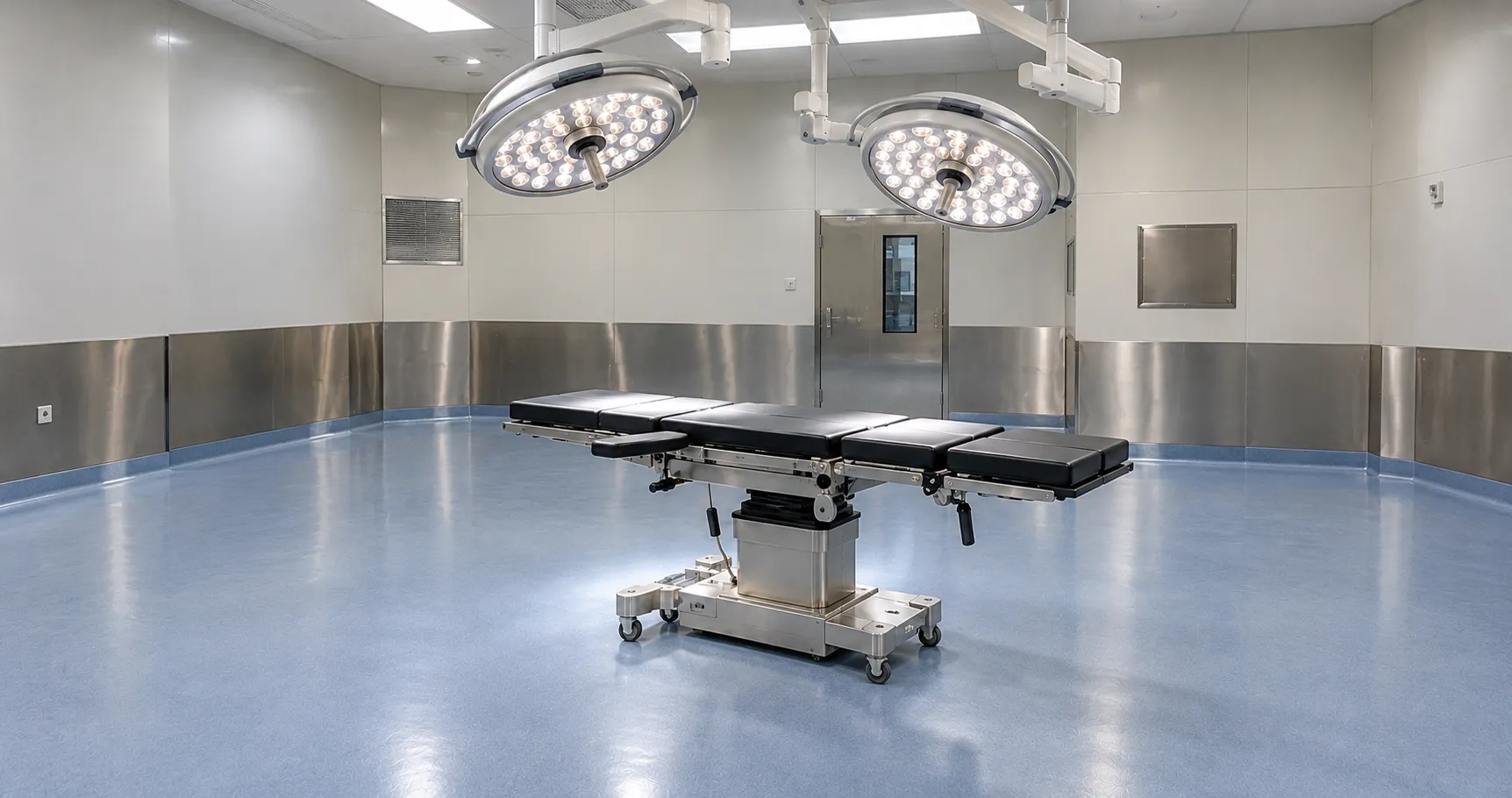 Operating theatre set up with an operating table, surgical lights, anaesthesia machine and patient m