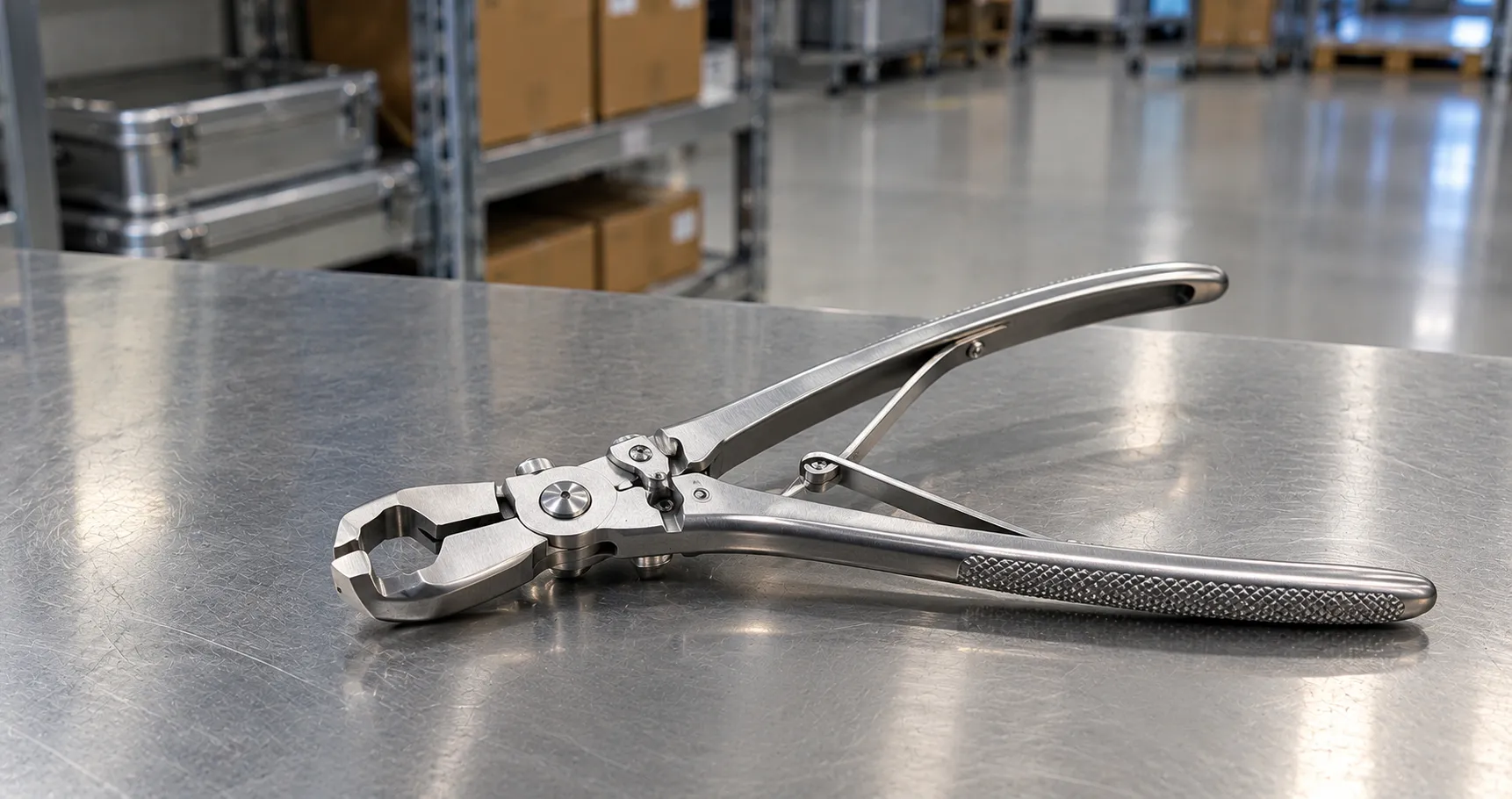 Tray of orthopaedic instruments including osteotomes, bone forceps and a surgical drill in a bone su