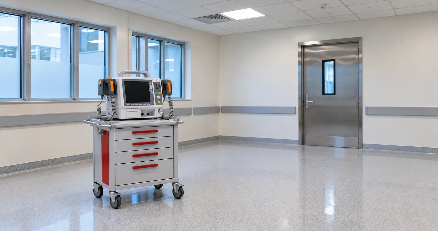 Modern biphasic hospital defibrillator with cardiac monitoring display in an emergency care environm