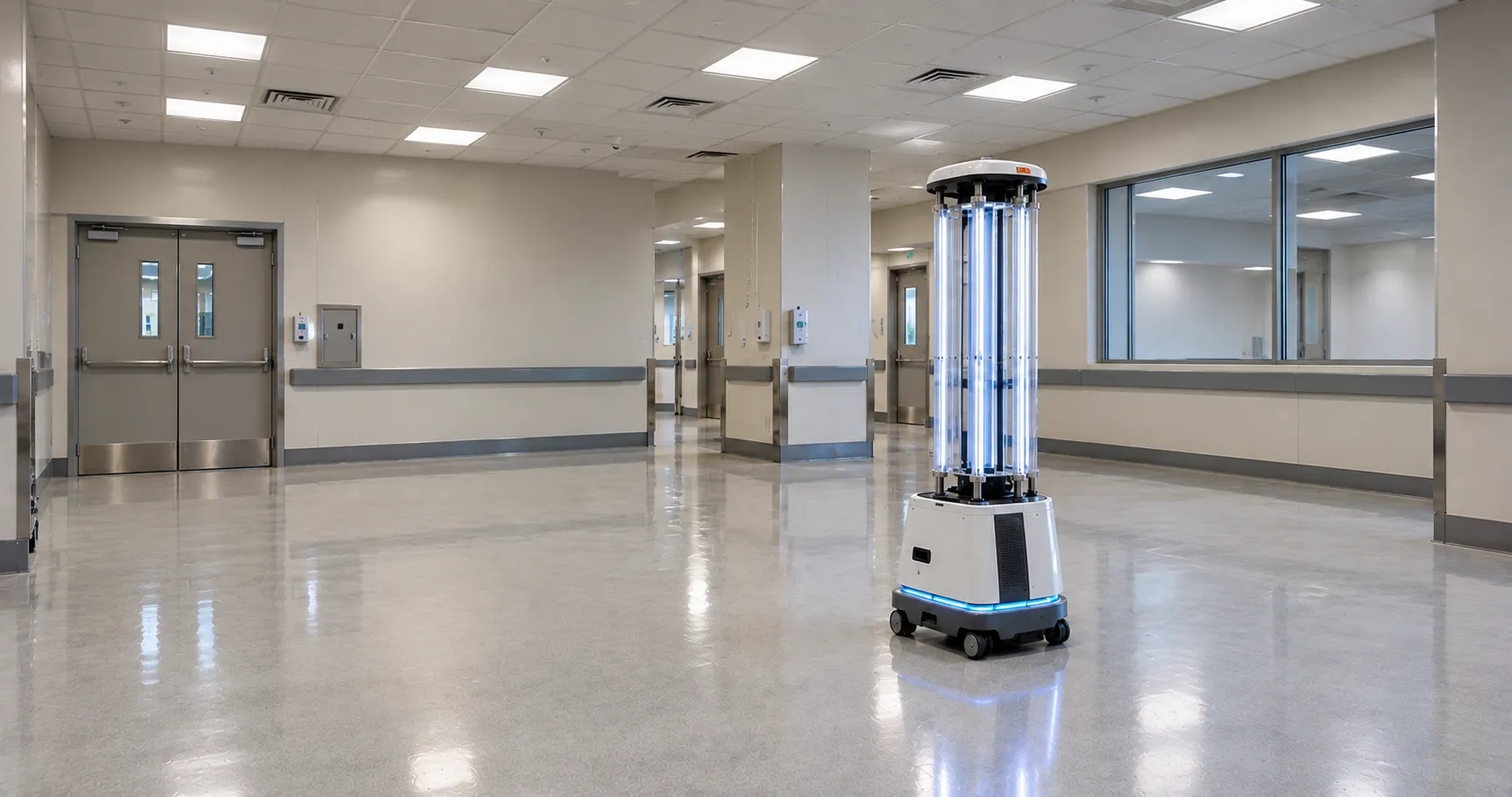 Mobile UV-C disinfection robot running a germicidal cycle in an empty hospital isolation room during