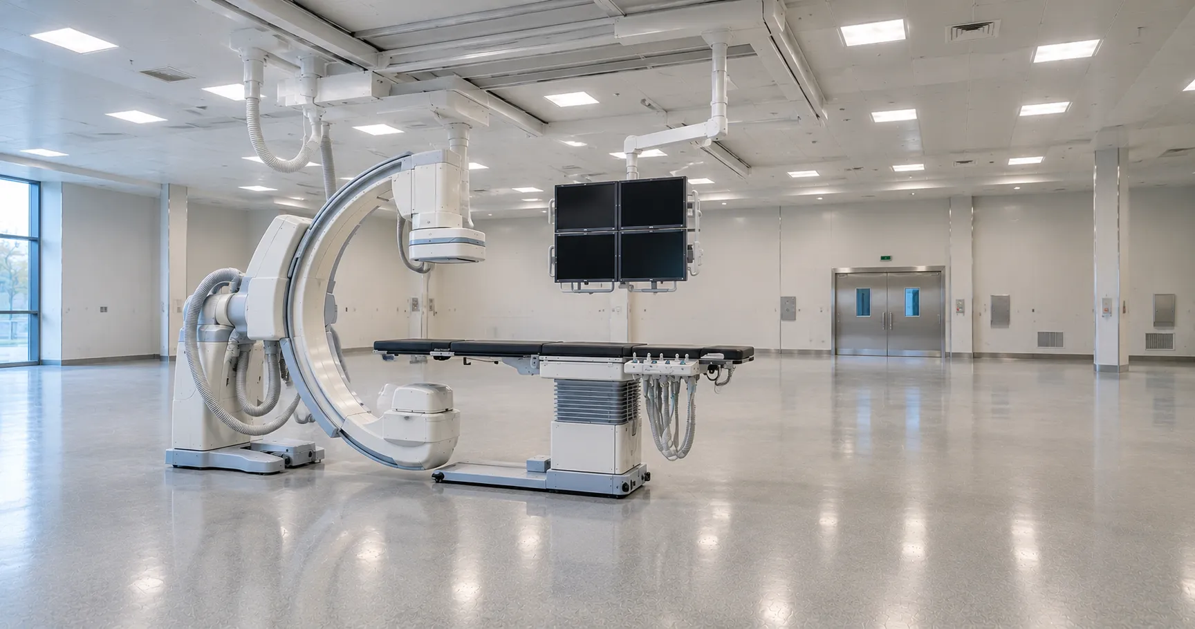 Cardiac catheterisation lab with a ceiling-mounted C-arm, angiography table and haemodynamic monitor