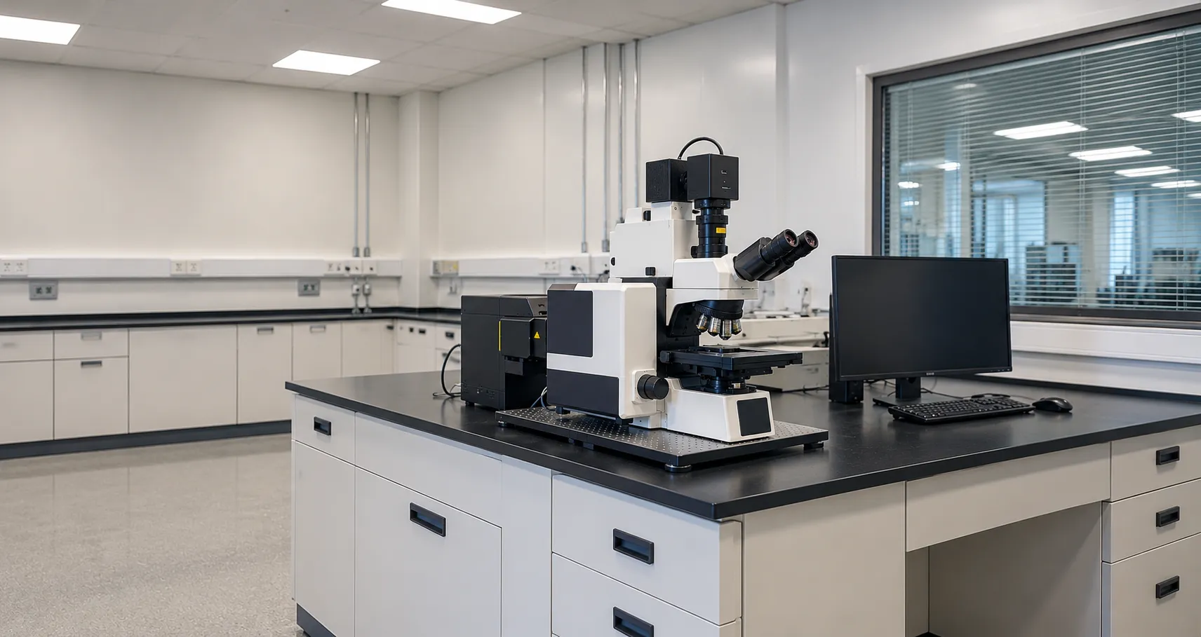 Laser scanning confocal microscope system on an anti-vibration table displaying a three-dimensional 