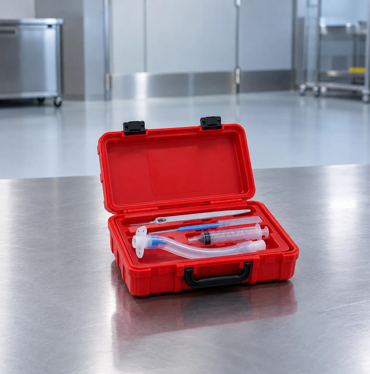 Emergency cricothyrotomy kit with scalpel, bougie and cuffed tracheal tube laid out on a difficult a