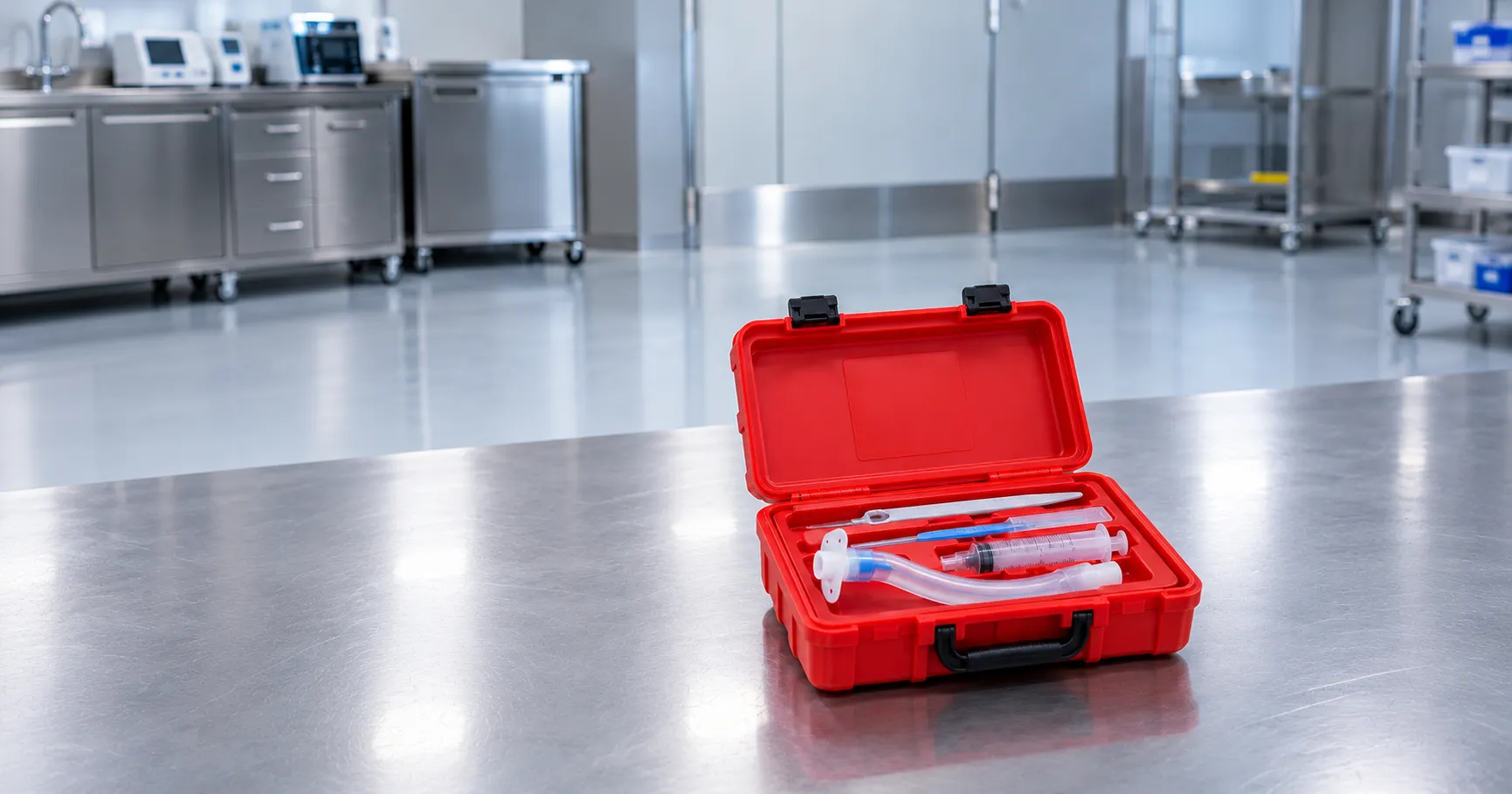 Emergency cricothyrotomy kit with scalpel, bougie and cuffed tracheal tube laid out on a difficult a