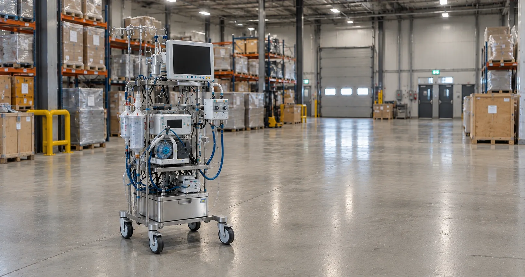 ECMO machine with centrifugal pump and membrane oxygenator running at an intensive care bedside