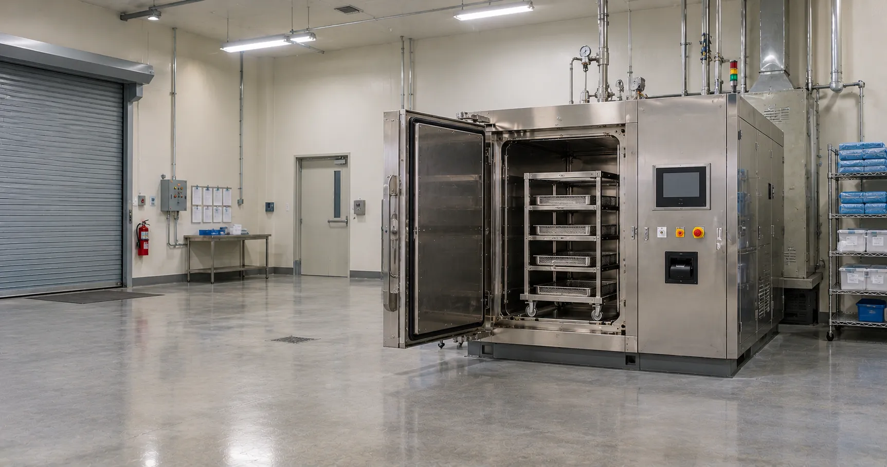 Low-temperature ethylene oxide steriliser unit in a hospital decontamination room with gas monitorin