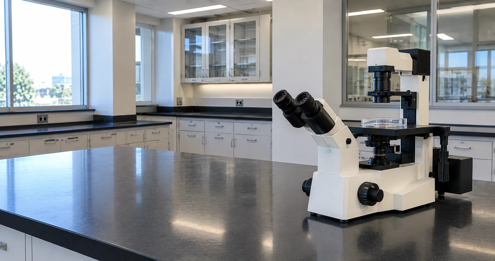 Inverted microscope in a tissue-culture laboratory viewing a cell culture flask on its stage with th