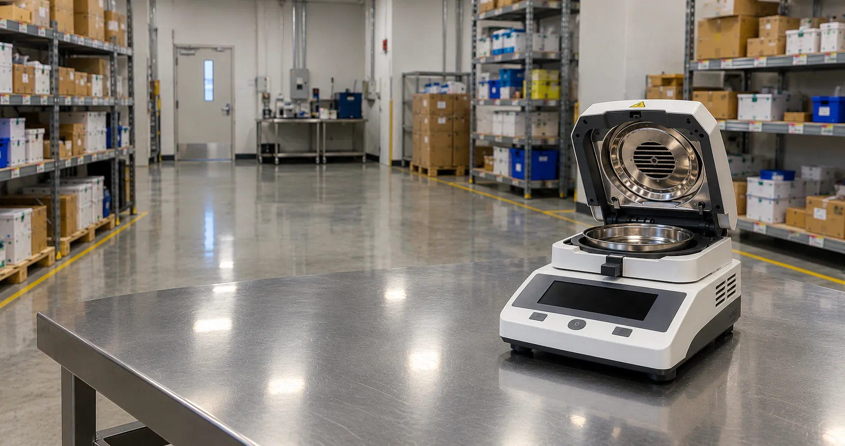 Benchtop halogen moisture analyser with its lid open showing an aluminium sample pan on the internal