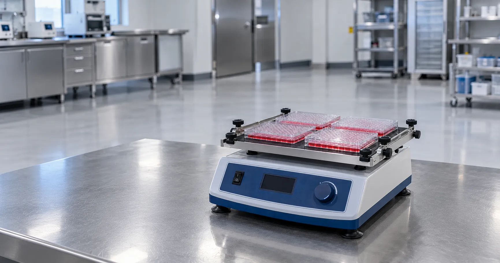 Orbital shaker agitating culture flasks clamped to its platform in a laboratory during a cell cultur