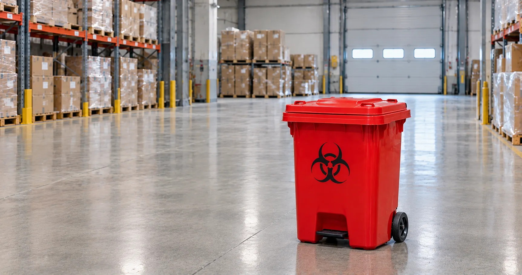 Blue-lidded rigid pharmaceutical waste bin in a hospital dispensary next to a controlled-drug denatu