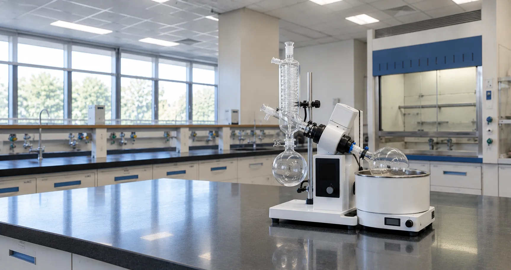 Laboratory rotary evaporator with rotating flask in a heated water bath, coil condenser and receivin