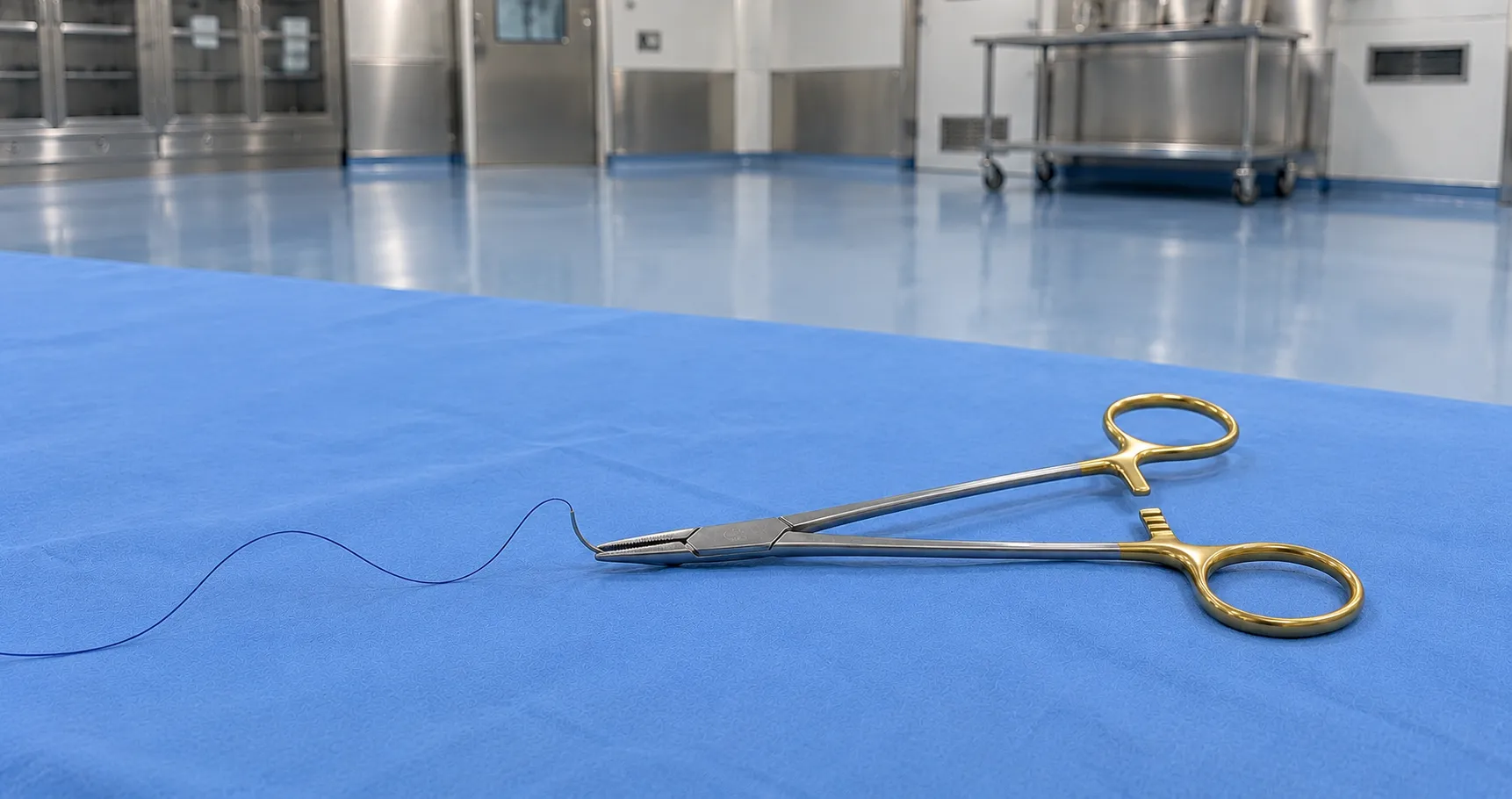Surgical tray of fine tendon repair instruments including needle holders, forceps and scissors in an