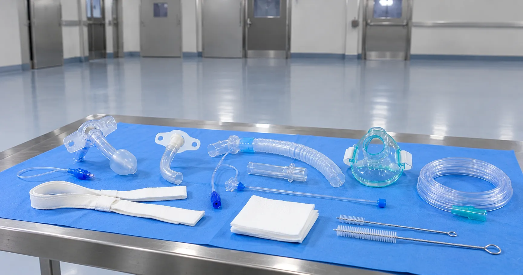 Tracheostomy tube in place at a patient bedside with suction unit and humidification equipment in a
