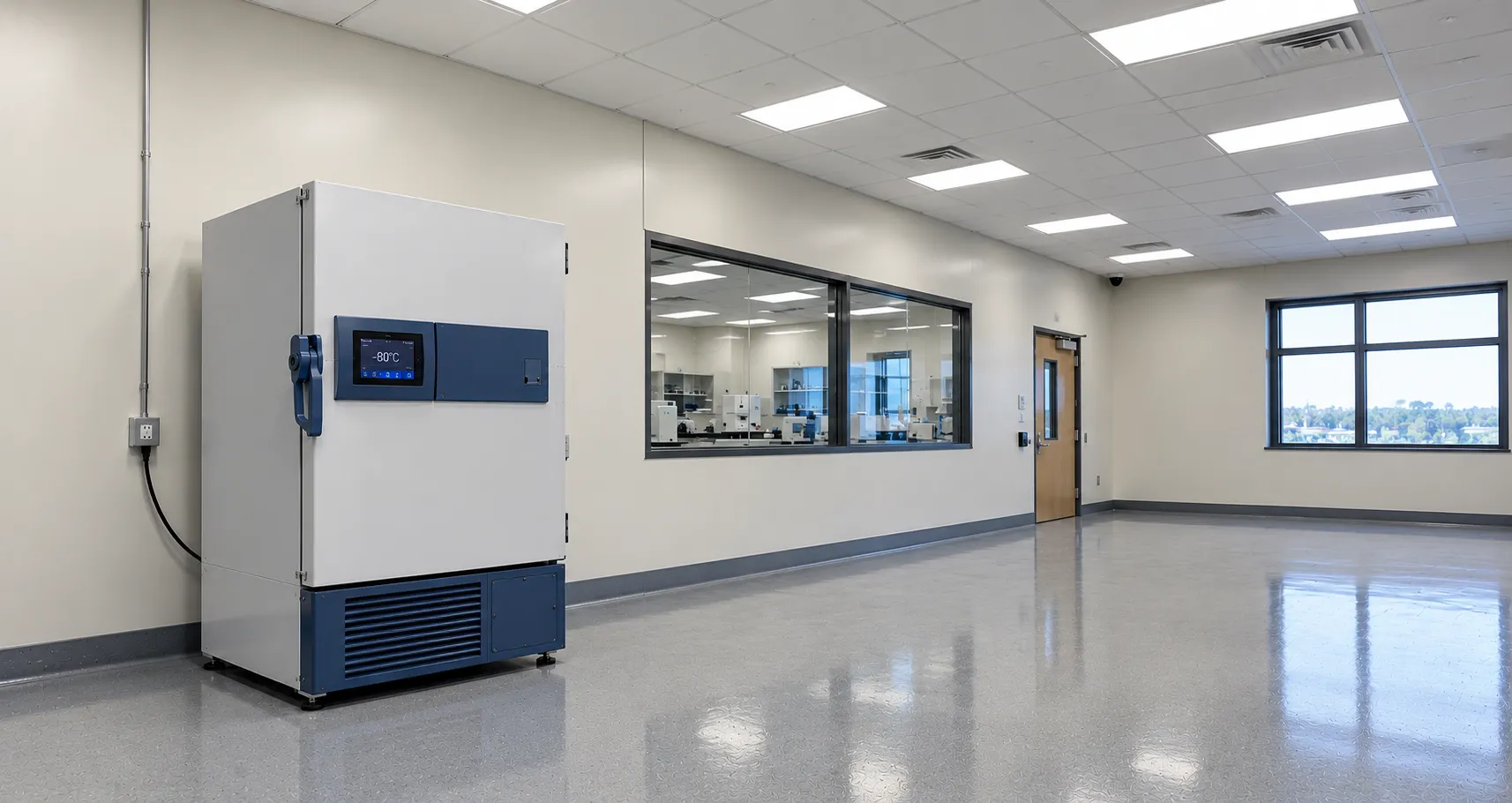 Upright ultra-low temperature laboratory freezer at minus eighty degrees with door open showing rack