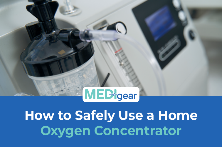 Close-up of home oxygen concentrator control panel showing flow rate dial, purity indicator and safe