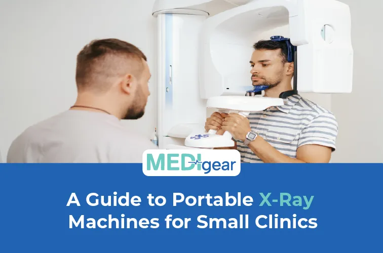 Compact portable X-ray machine positioned in small clinic treatment room