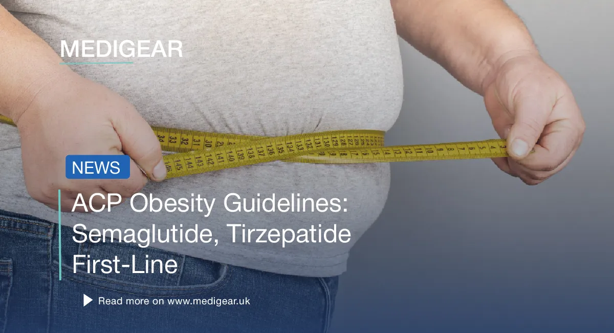 Diagram showing the new ACP obesity guidelines: semaglutide and tirzepatide as first-line drugs, wit