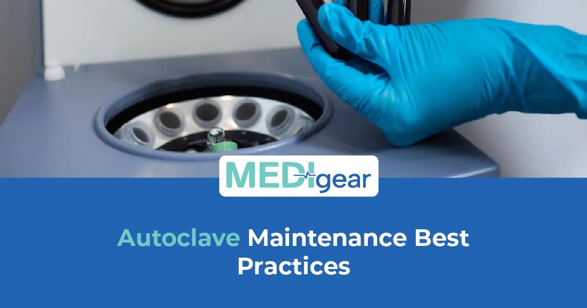 Technician performing maintenance inspection on a healthcare autoclave system