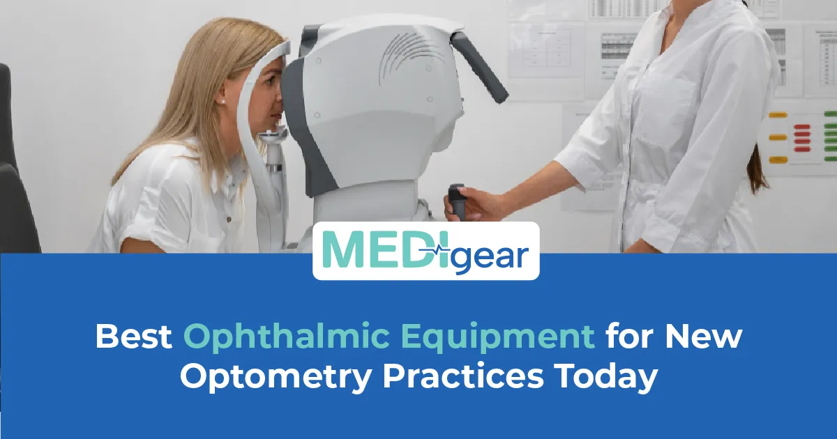 Optometry consulting room with slit lamp, phoropter, tonometer, and retinal camera set up for patien