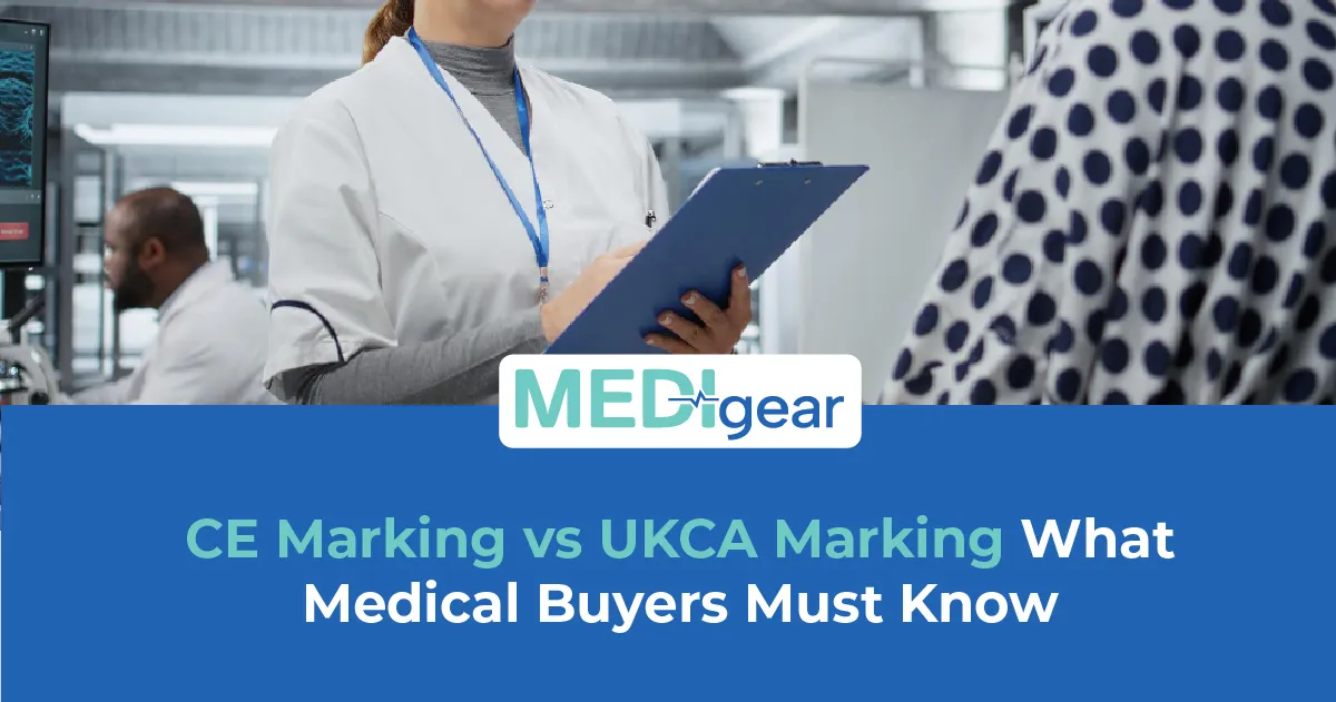 Side-by-side comparison of CE marking and UKCA marking symbols on certified medical devices for UK a