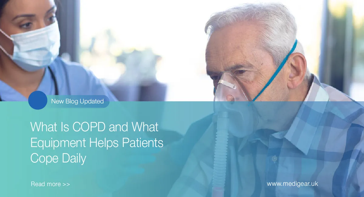 COPD patient using home oxygen concentrator and pulse oximeter with mobility walking frame in the li
