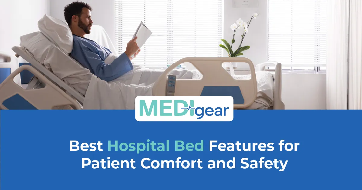Hospital bed with electric profiling, side rails, and pressure mattress in a clinical ward setting