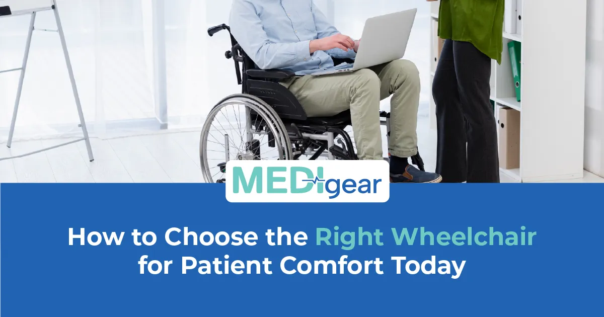Certified wheelchair with pressure cushion and adjustable footrests positioned in a clinical ward se