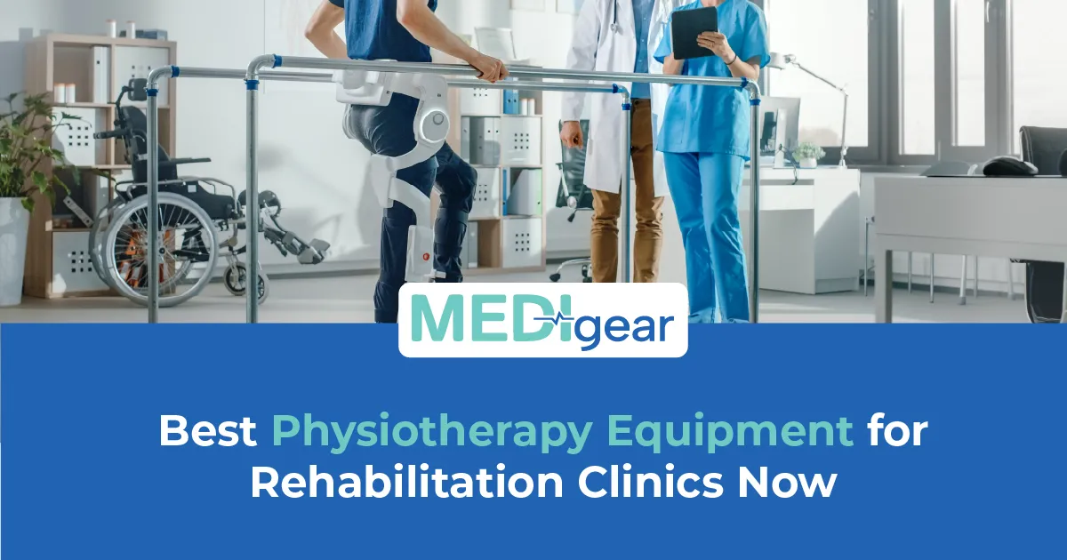 Rehabilitation clinic treatment room with hi-lo table, ultrasound unit, parallel bars, and exercise 